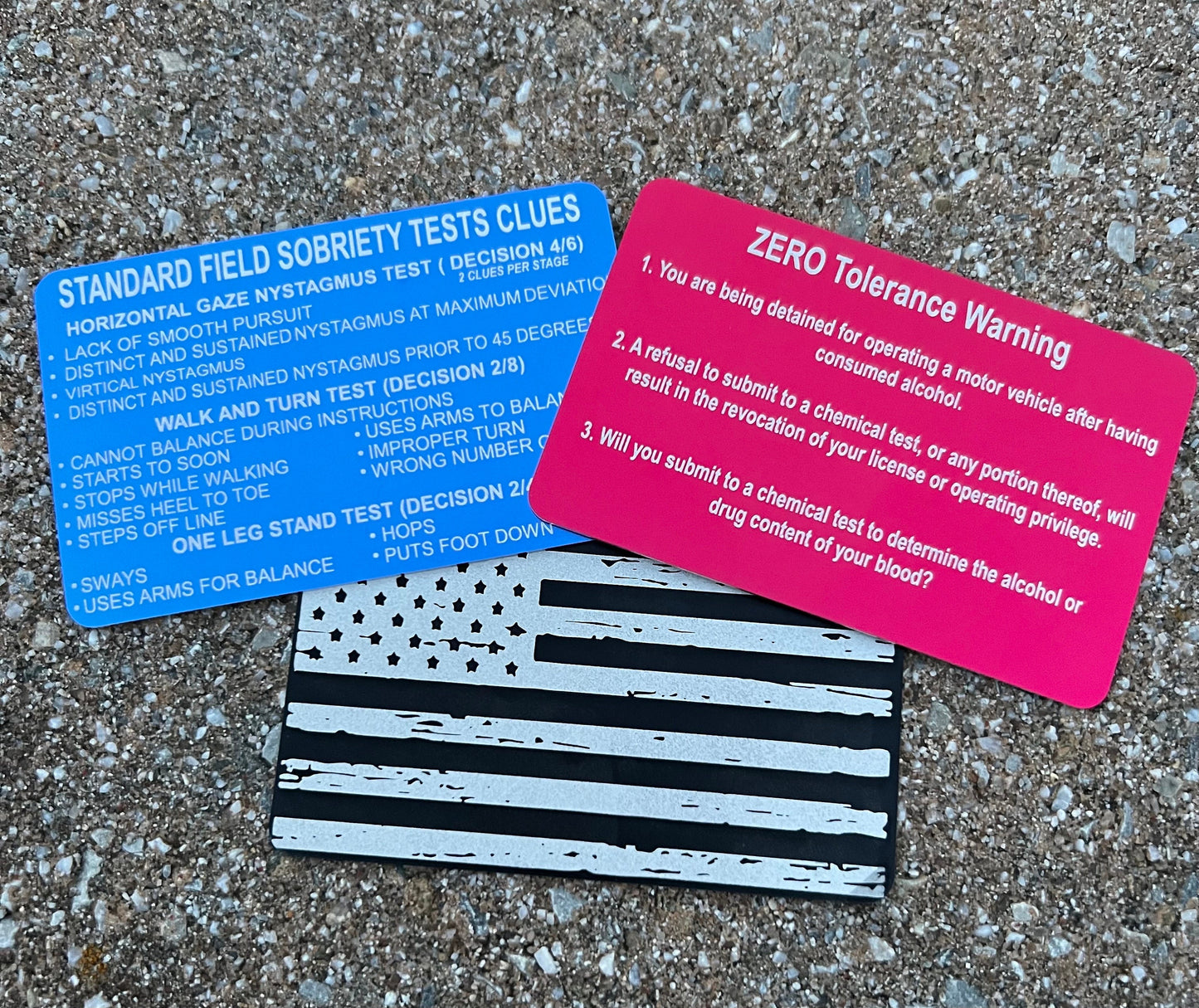 Sobriety Field Test/Miranda Warning/Zero Tolerance Warning/Business Cards. Anodized Aluminum 86mmx54mm & .8 mm thickness