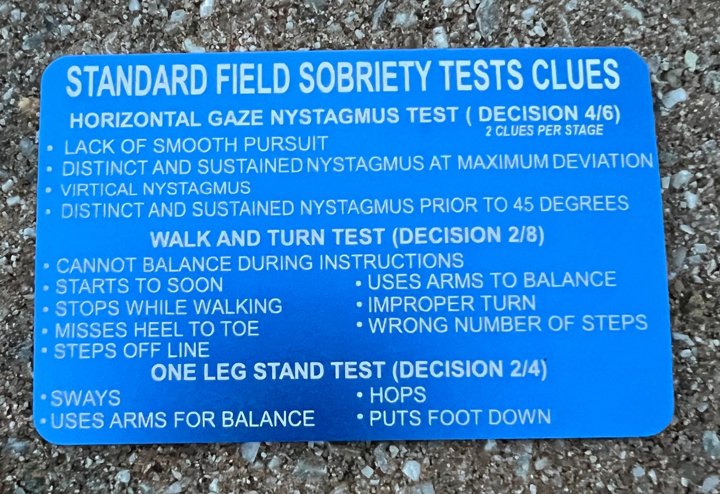 Sobriety Field Test/Miranda Warning/Zero Tolerance Warning/Business Cards. Anodized Aluminum 86mmx54mm & .8 mm thickness