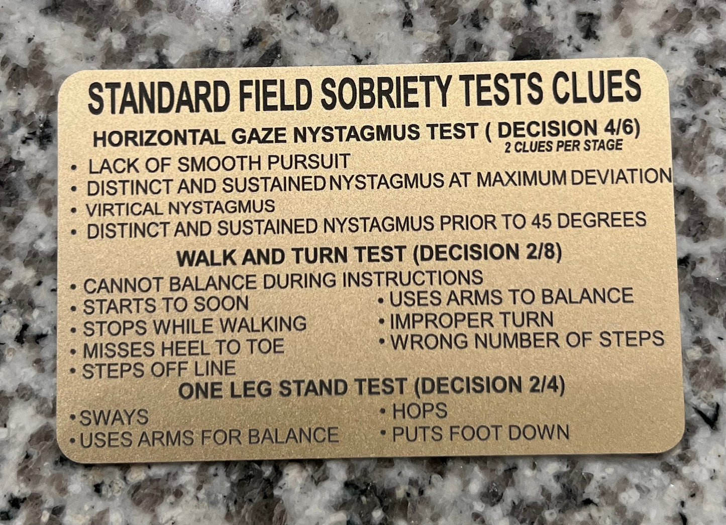 Sobriety Field Test/Miranda Warning/Zero Tolerance Warning/Business Cards. Anodized Aluminum 86mmx54mm & .8 mm thickness
