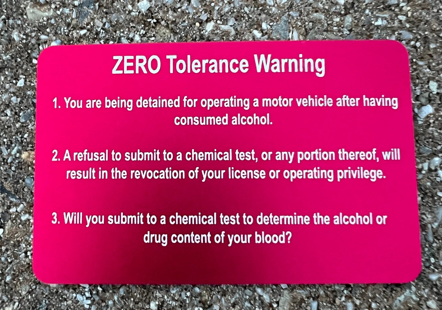 Sobriety Field Test/Miranda Warning/Zero Tolerance Warning/Business Cards. Anodized Aluminum 86mmx54mm & .8 mm thickness