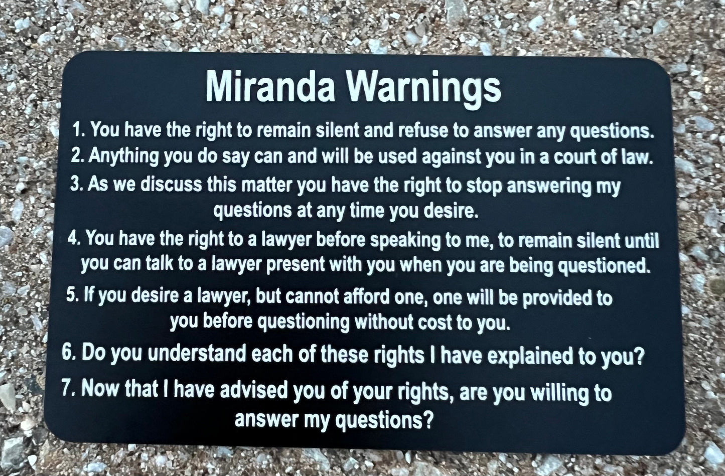 Sobriety Field Test/Miranda Warning/Zero Tolerance Warning/Business Cards. Anodized Aluminum 86mmx54mm & .8 mm thickness